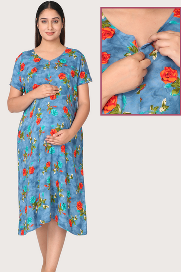 Blue AOP Night Gown with Vertical Nursing