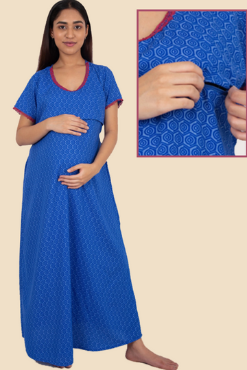 Blue Hexagon Print Nursing Night Gown With Horizontal Nursing Under The Flap