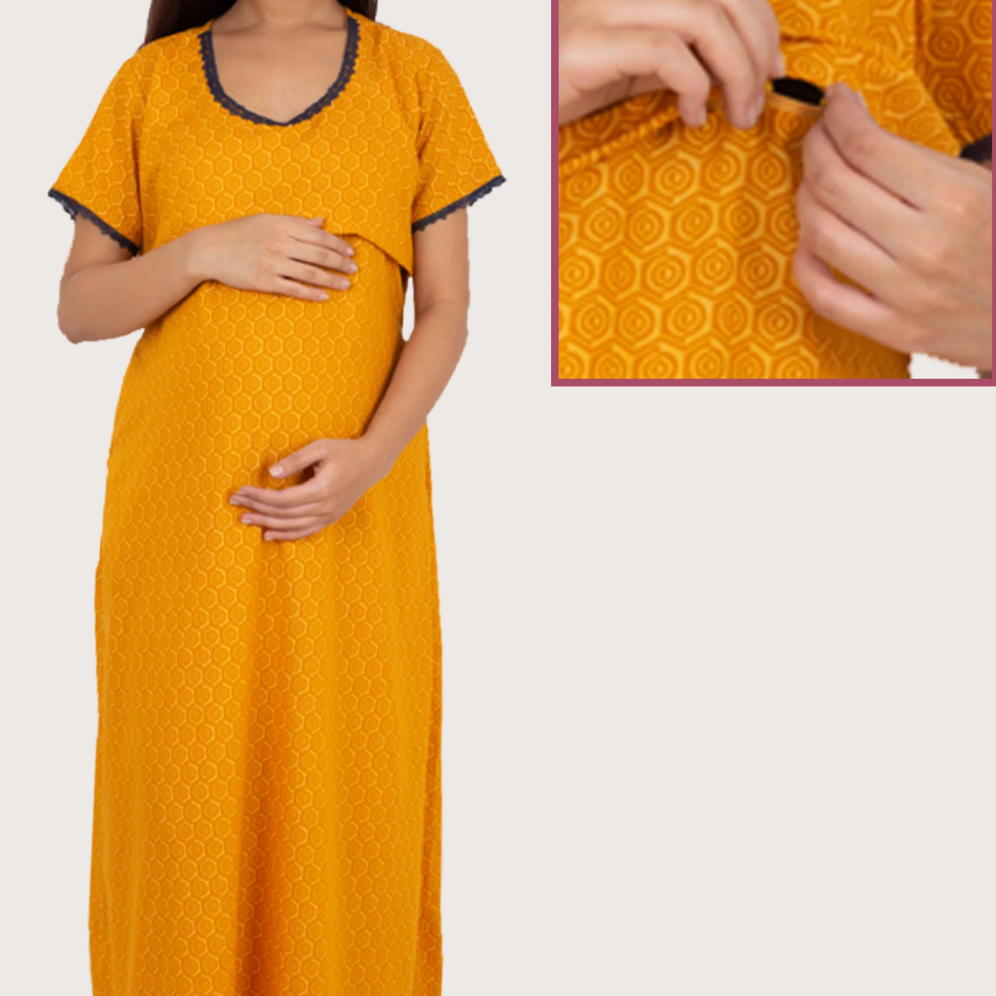Yellow Hexagon Printed Feeding Night Gown With Horizontal Nursing Under The Flap.