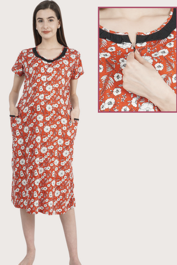Red Floral Nursing Night Gown