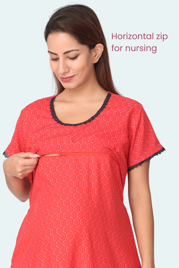 Red Hexagon Print Feeding Nighty With Horizontal Nursing Under The Flap