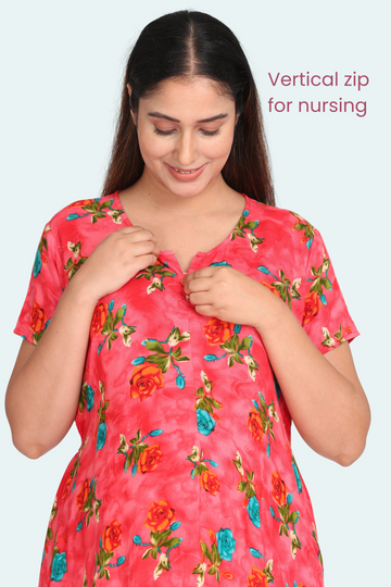 Red Feeding Night Gown With Vertical Nursing