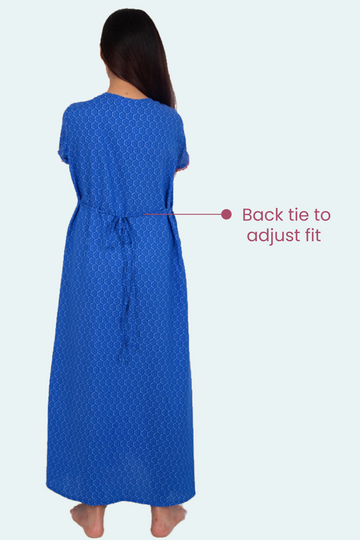 Blue Hexagon Print Nursing Night Gown With Horizontal Nursing Under The Flap