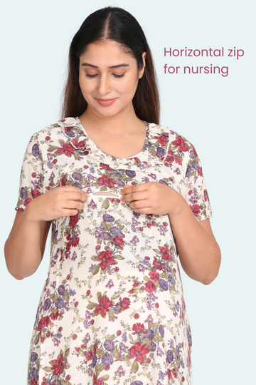 Red & Blue Floral AOP Night Gown with Horizontal Nursing