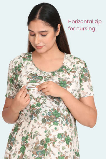 Green Floral AOP Night Gown with Horizontal Nursing