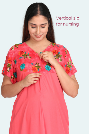 Red Plain Night Gown with Vertical Nursing