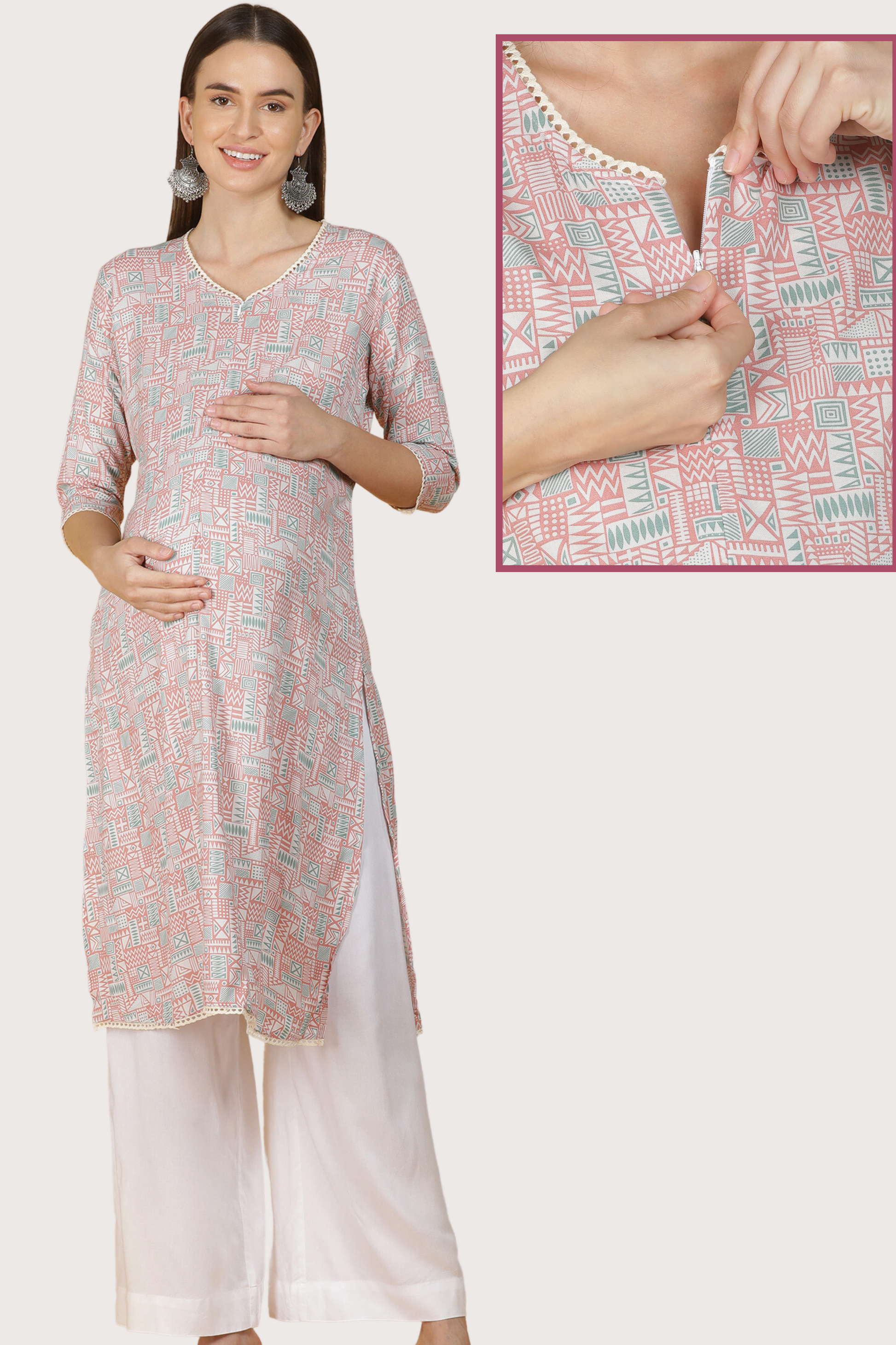 Pastel Geometric Print Feeding Kurta Vertical Zip Ideal for Preg