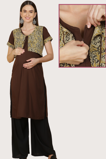 Brown Feeding Kurta with Printed Layered Design 1 Vertical Zip Ideal for Pregnancy Breastfeeding