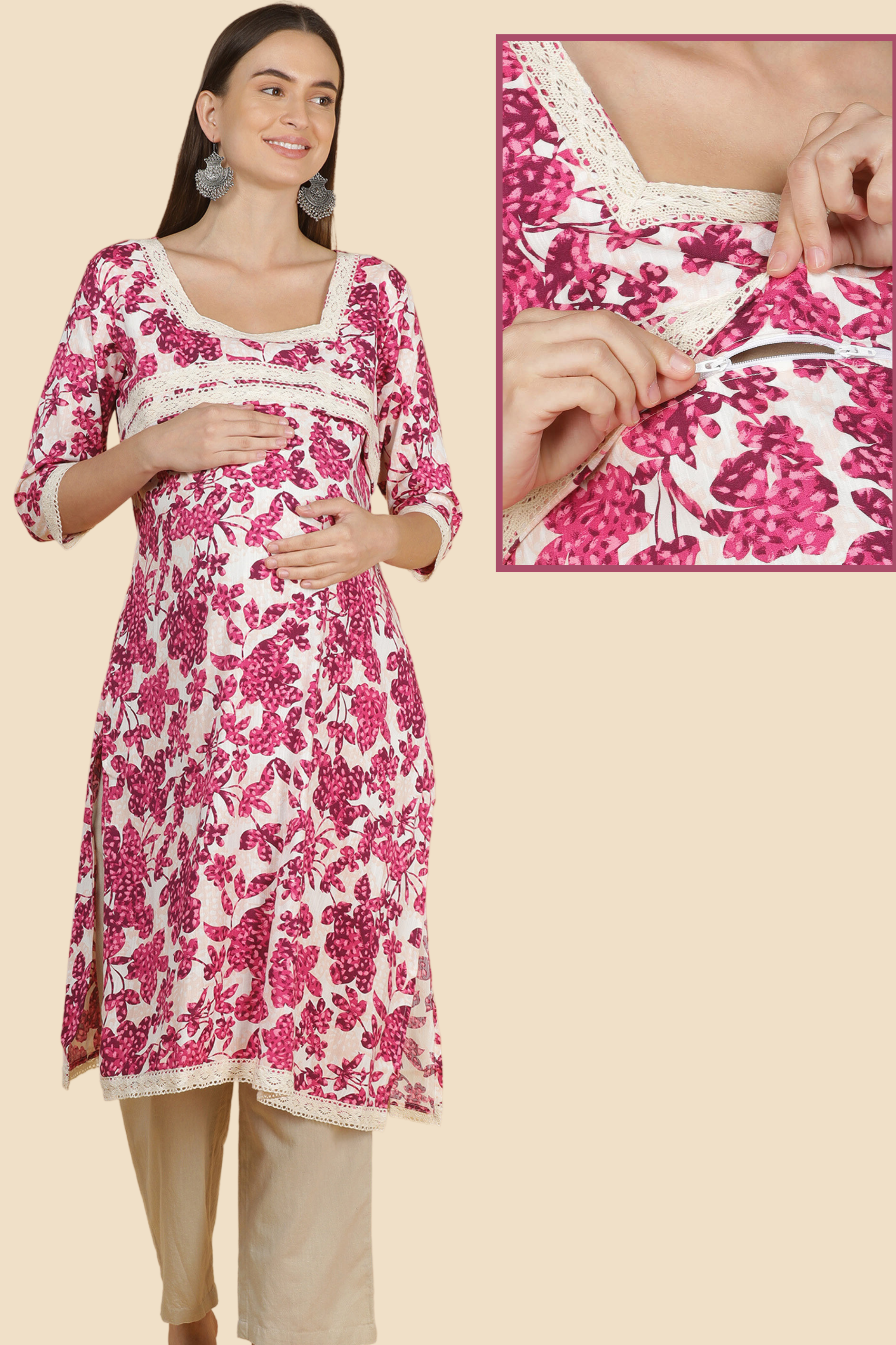 Buy FELISIA Women's Rayon Floral Printed Anarkali Maternity Feeding Kurti  (Medium) Red at Amazon.in
