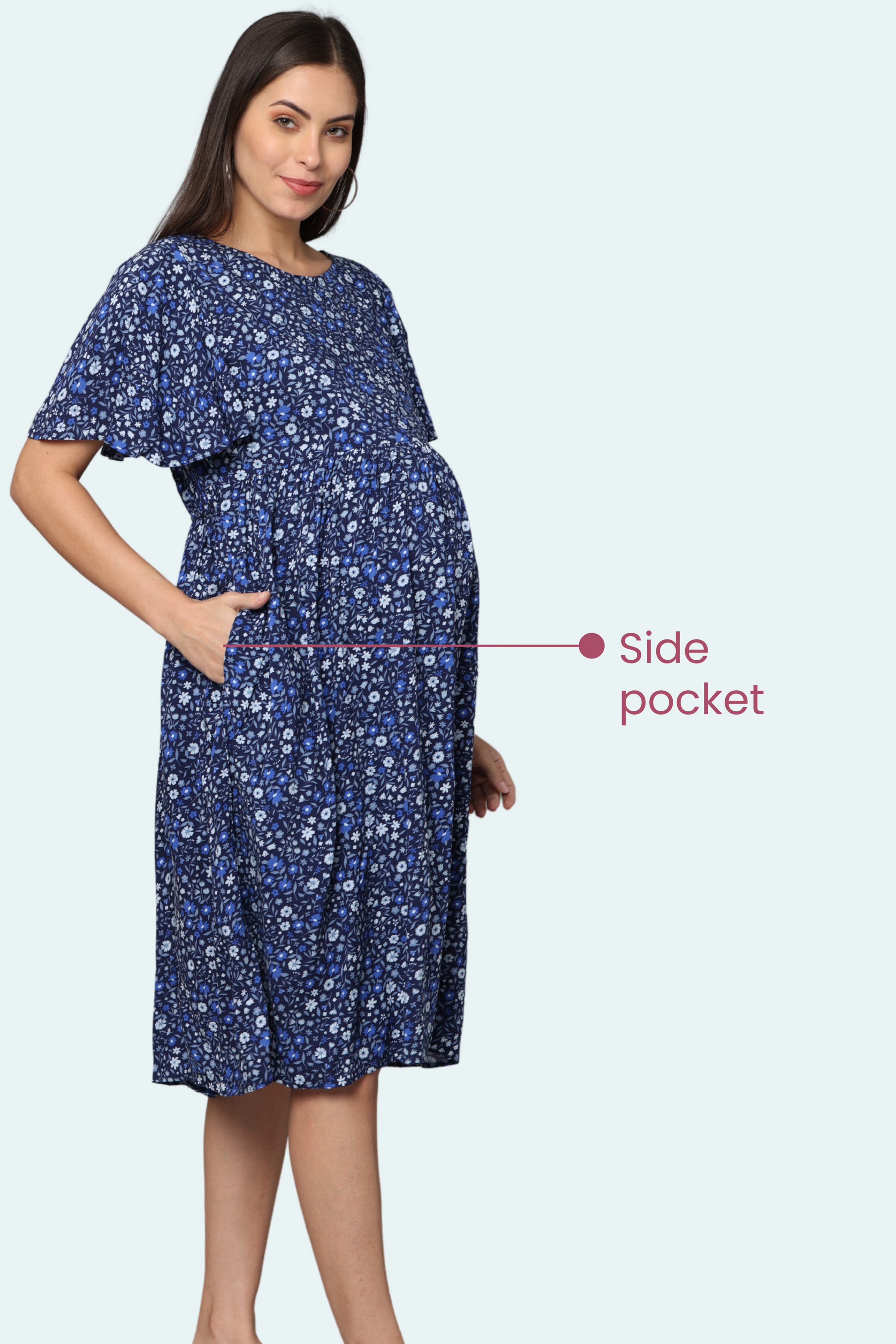 Navy Blue Floral Feeding Maxi Dress With Side Pocket