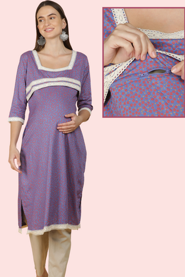 Purple Feeding Kurta with Delicate Print 1 Horizontal Zip Ideal for Pregnancy Breastfeeding