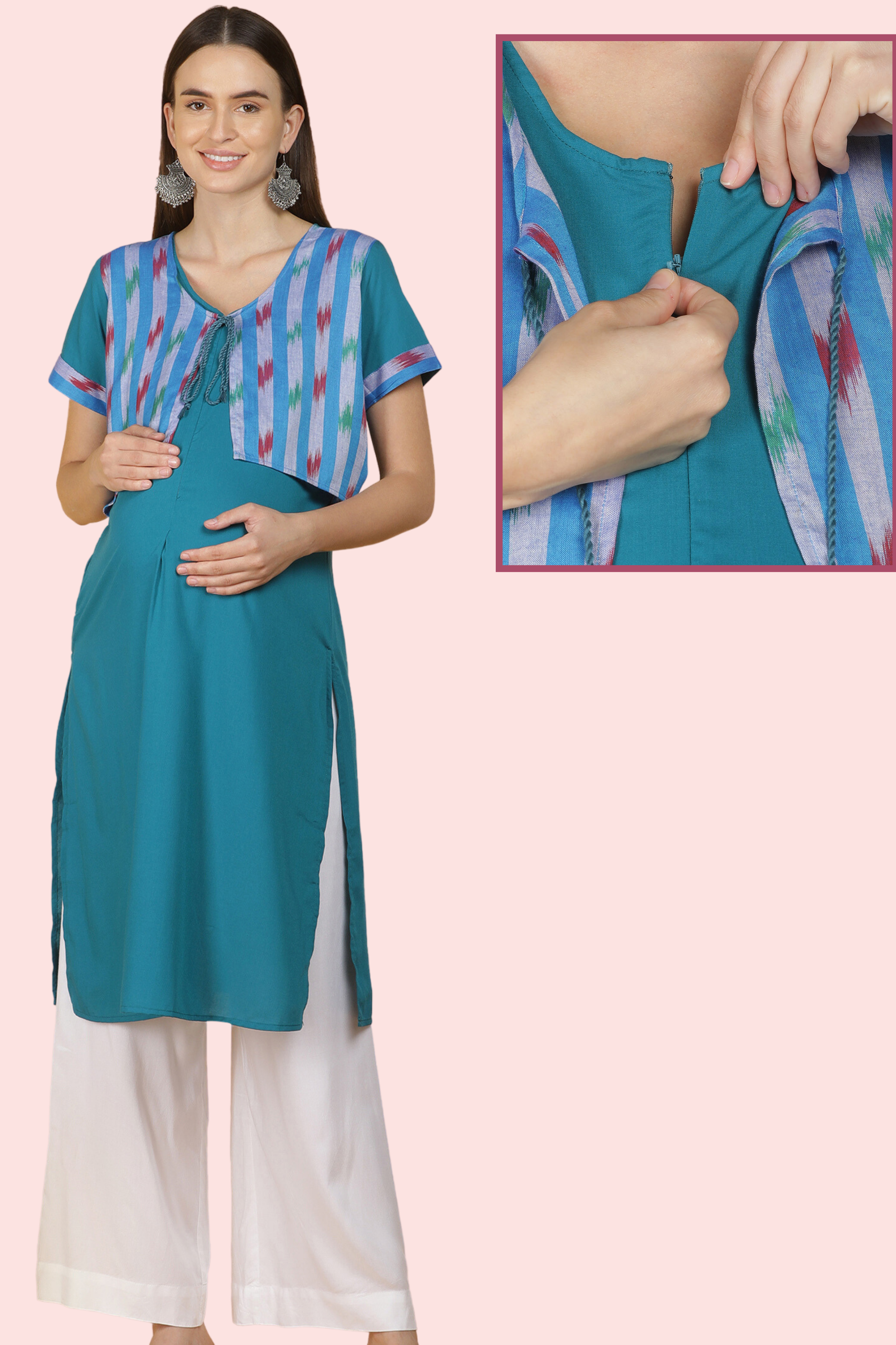 Ishta Feeding kurtis - Maternity / FEEDING KURTI WITH REMOVABLE JACKET WITH  *POCKET* Top: rayon JACKET:COTTON l-40 XL-42 XXL-44 Length 45-46 inches  *Two sides INVISIBLE zip* *650* SHIP EXTRA Gud quality fabric