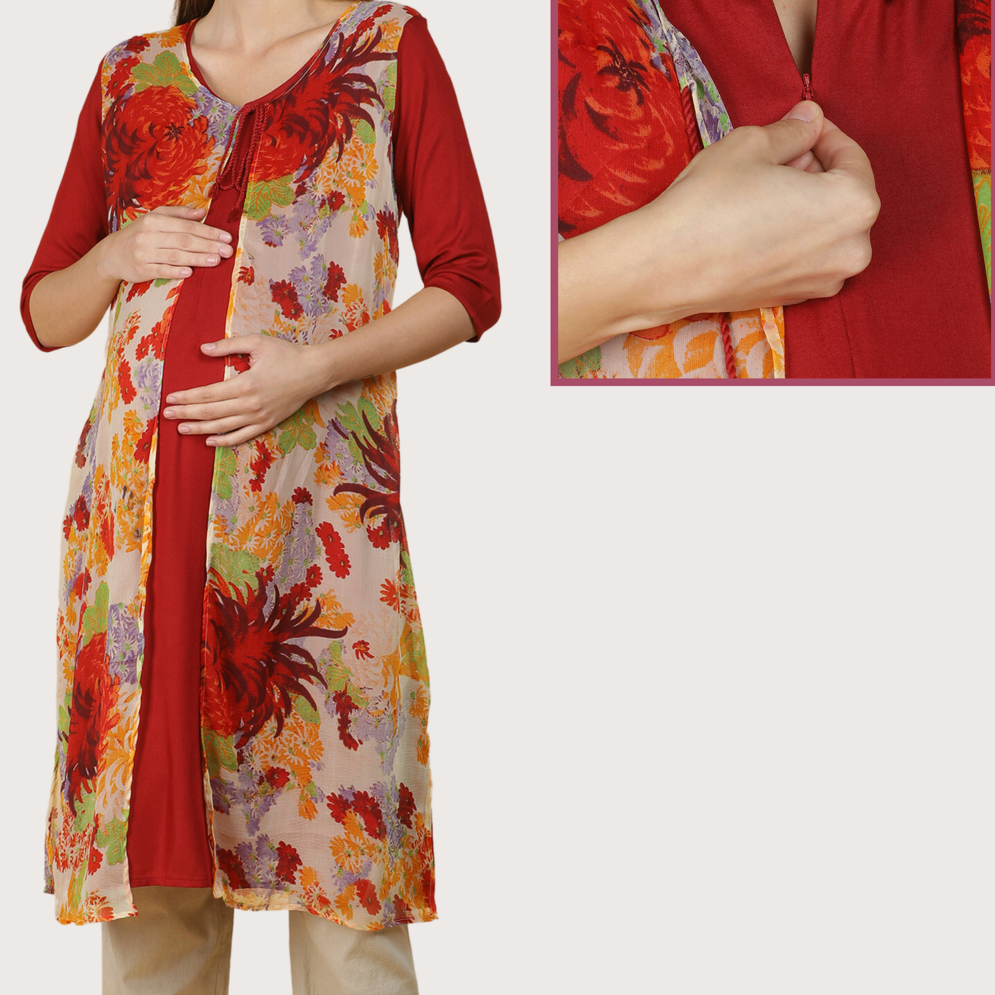 Pregnancy Dress Zip Kurtis Vibrant Floral Layered Feeding Kurta In