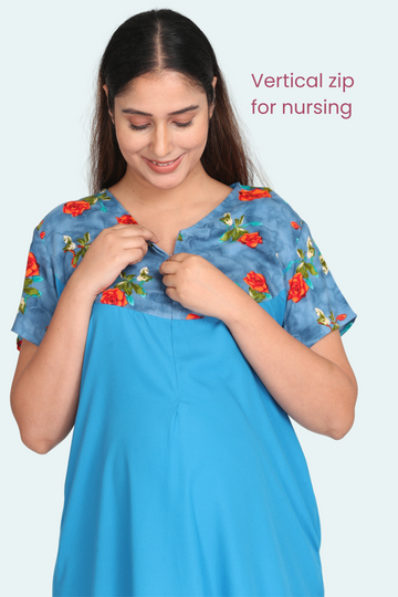 Blue Plain Night Gown with Vertical Nursing