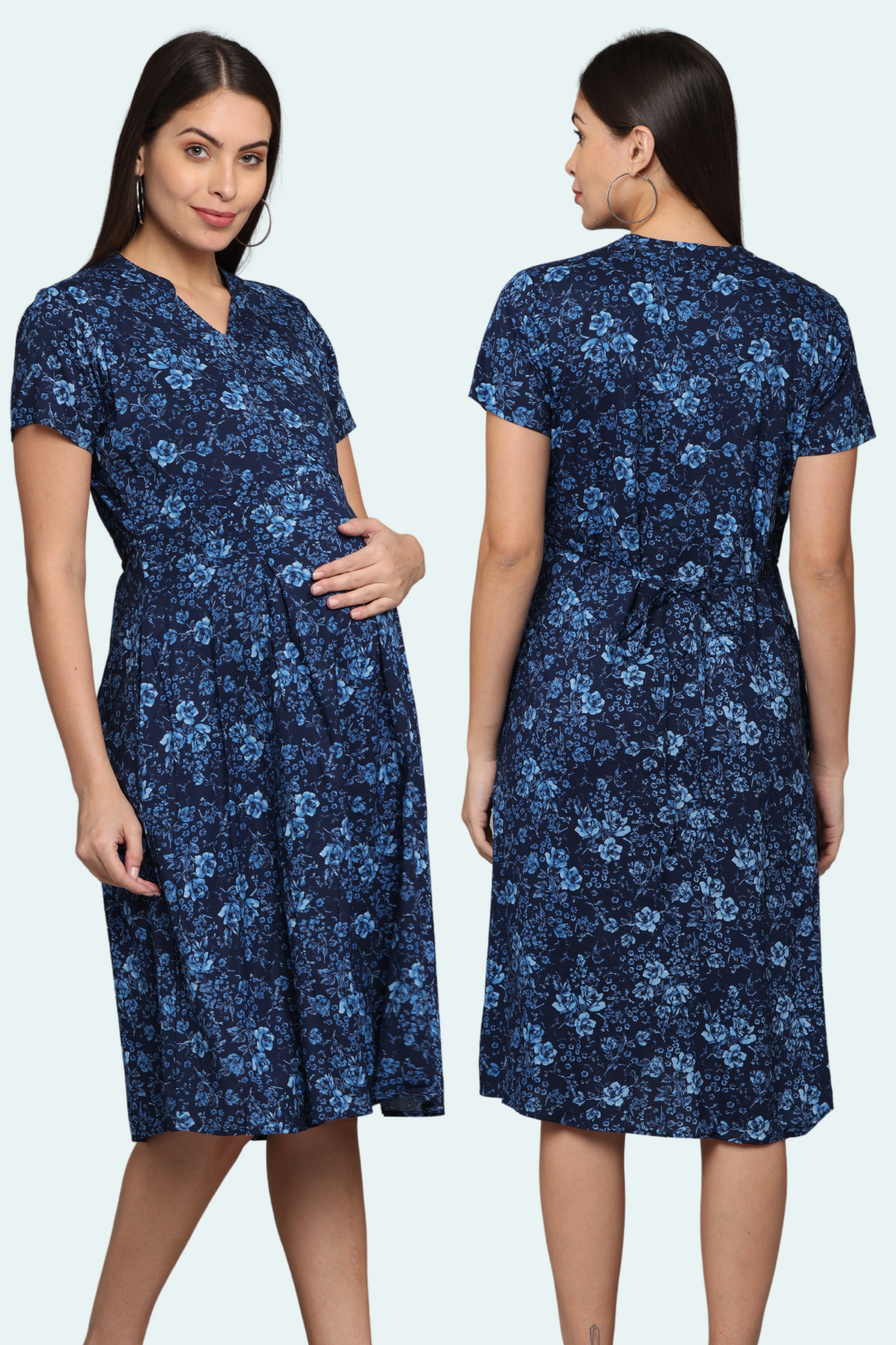 Shop Pregnancy Dress Printed Cotton Navy Blue Floral Designer